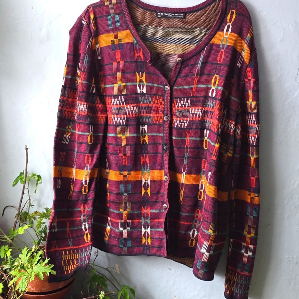 Peruvian Connection Pima Cotton Cardigan Aztec Woven Knit Pattern sz L